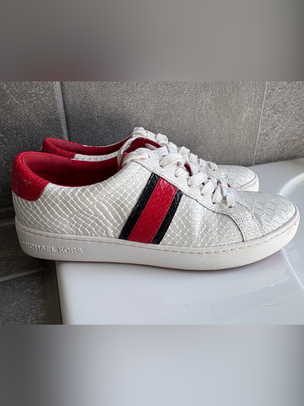 Michael Kors White Sneakers with Red & Black Stripes